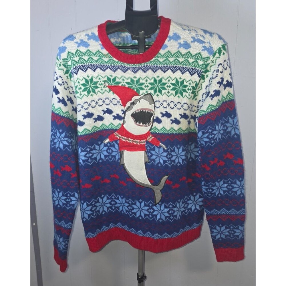 Blizzard Bay Shark Christmas Ugly Sweater Green Blue Size Large L
